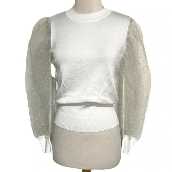 Ali & Andi S white lightweight sweater with sheer dotted puffy long‎ sleeve… - Picture 2 of 6
